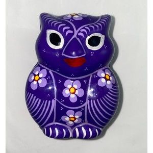 Hand Painted Red Clay Pottery Purple Owl Trinket Box